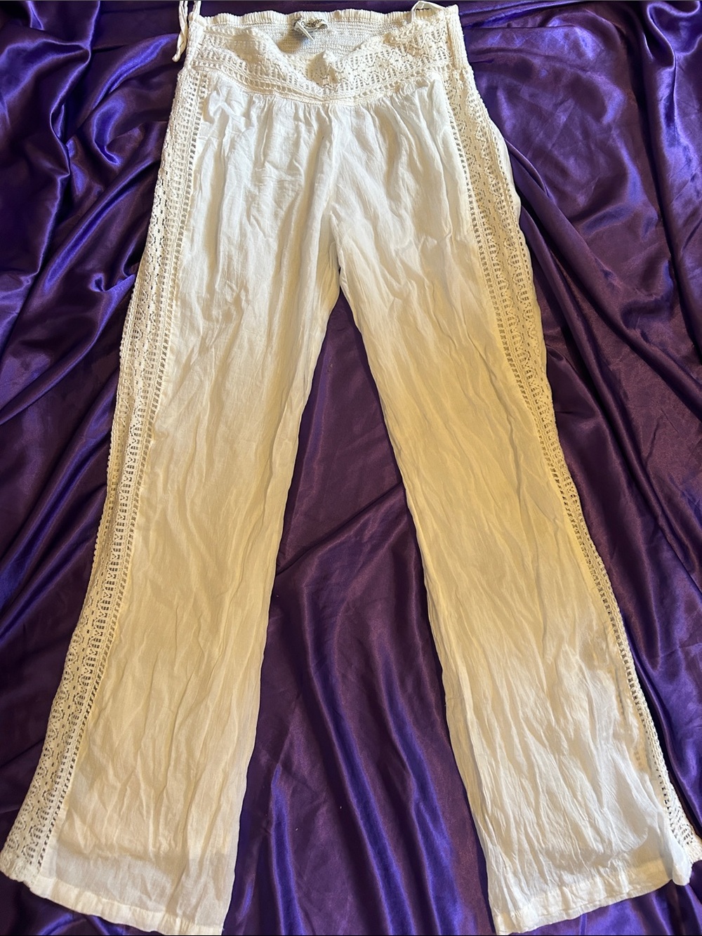 White Crochet-Trim Flare Pants